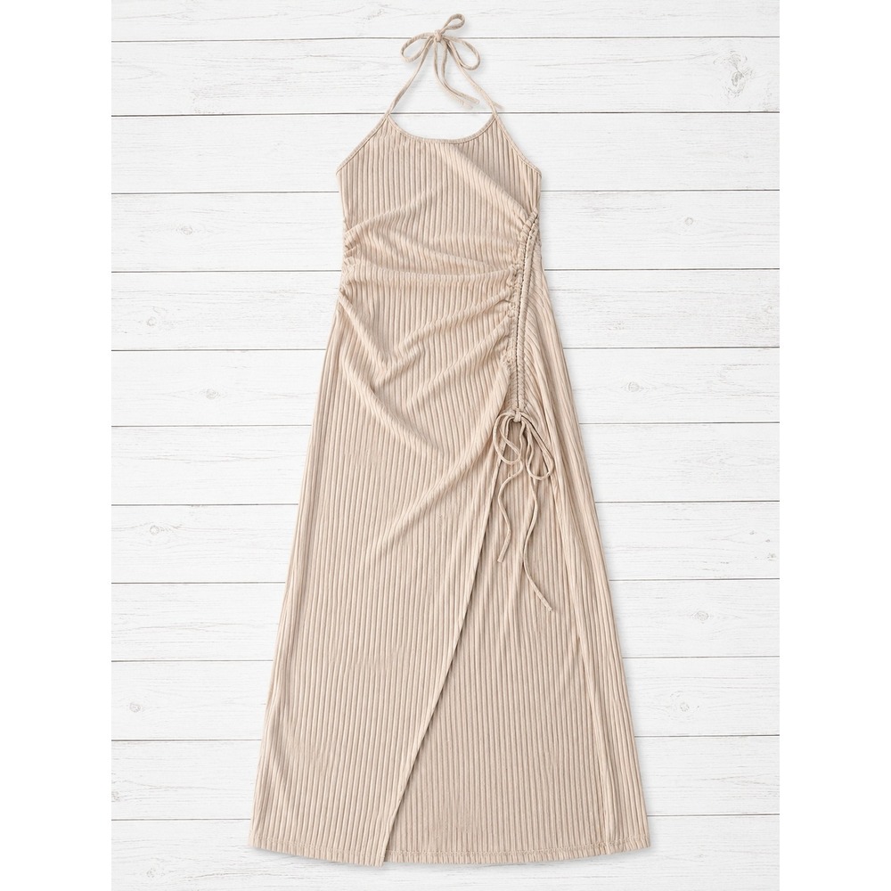 SHEIN SXY Beige Ribbed Halter Maxi Dress Ruched Side Slit  Bodycon Size Med NWT